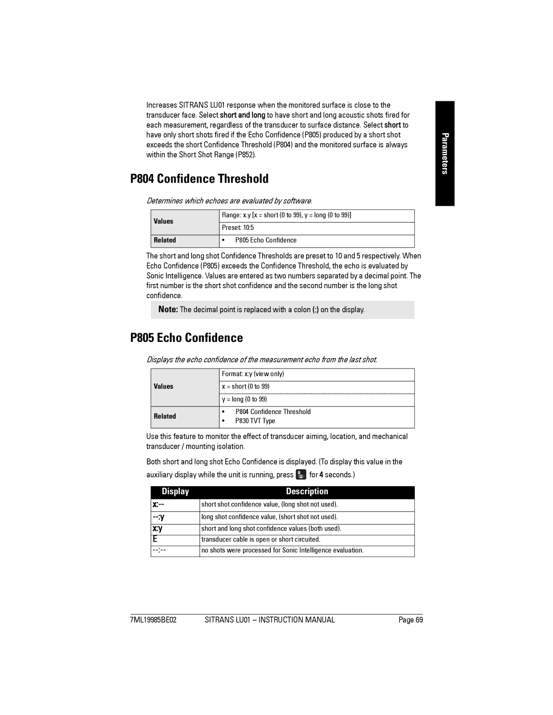 Siemens LU01 instruction manual P804 Confidence Threshold, P805 Echo Confidence, Display Description 