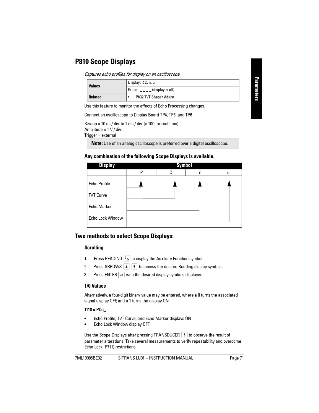 Siemens LU01 P810 Scope Displays, Display Symbol, Scrolling, Values, Captures echo profiles for display on an oscilloscope 