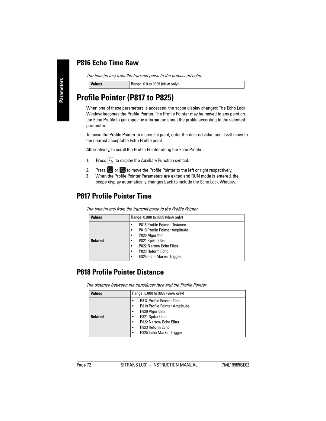 Siemens LU01 Profile Pointer P817 to P825, P816 Echo Time Raw, P817 Profile Pointer Time, P818 Profile Pointer Distance 