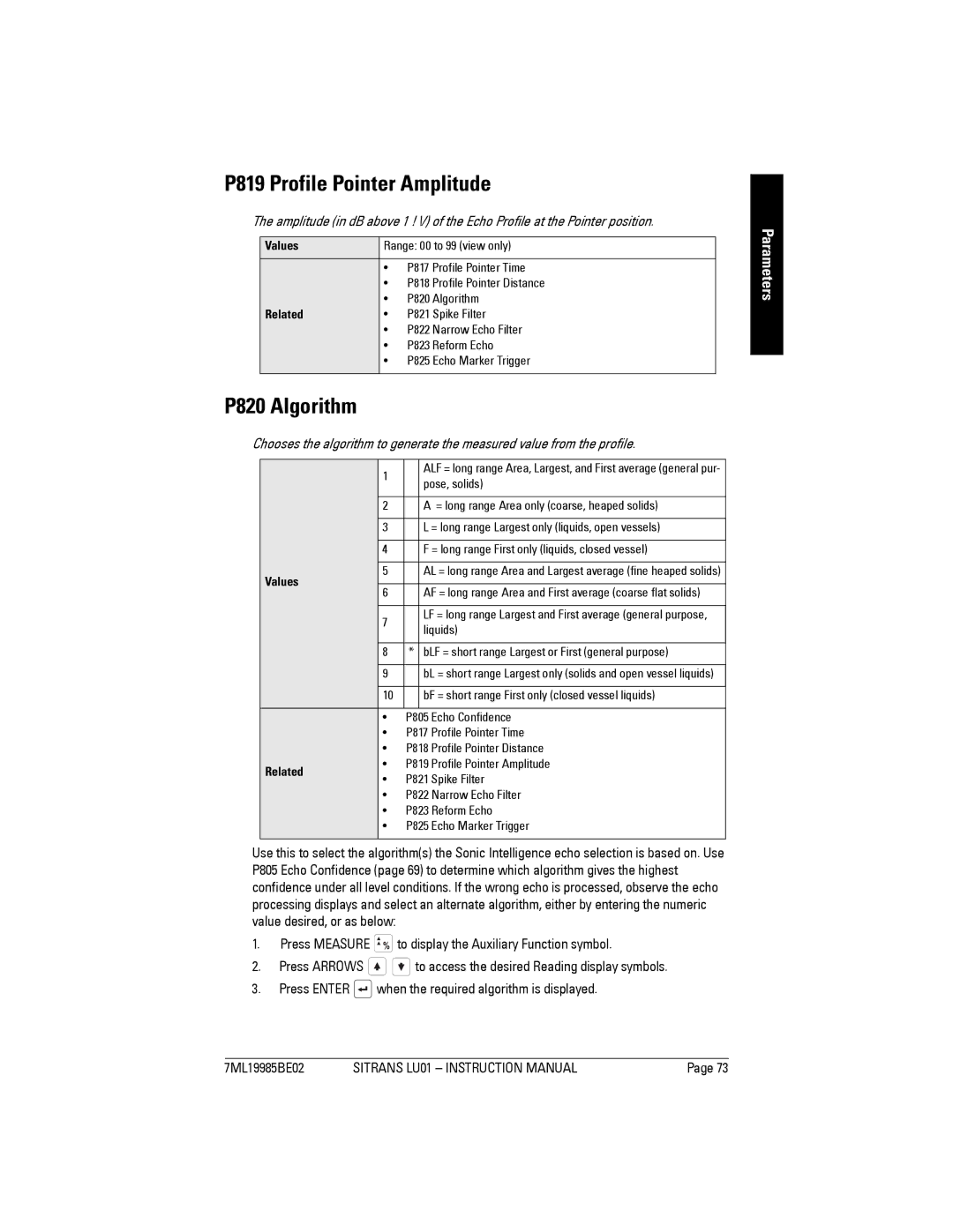 Siemens LU01 instruction manual P819 Profile Pointer Amplitude, P820 Algorithm 