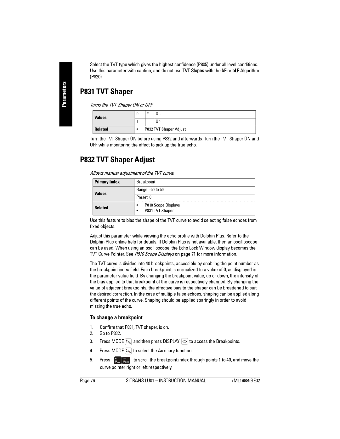 Siemens LU01 P831 TVT Shaper, P832 TVT Shaper Adjust, To change a breakpoint, Turns the TVT Shaper on or OFF 