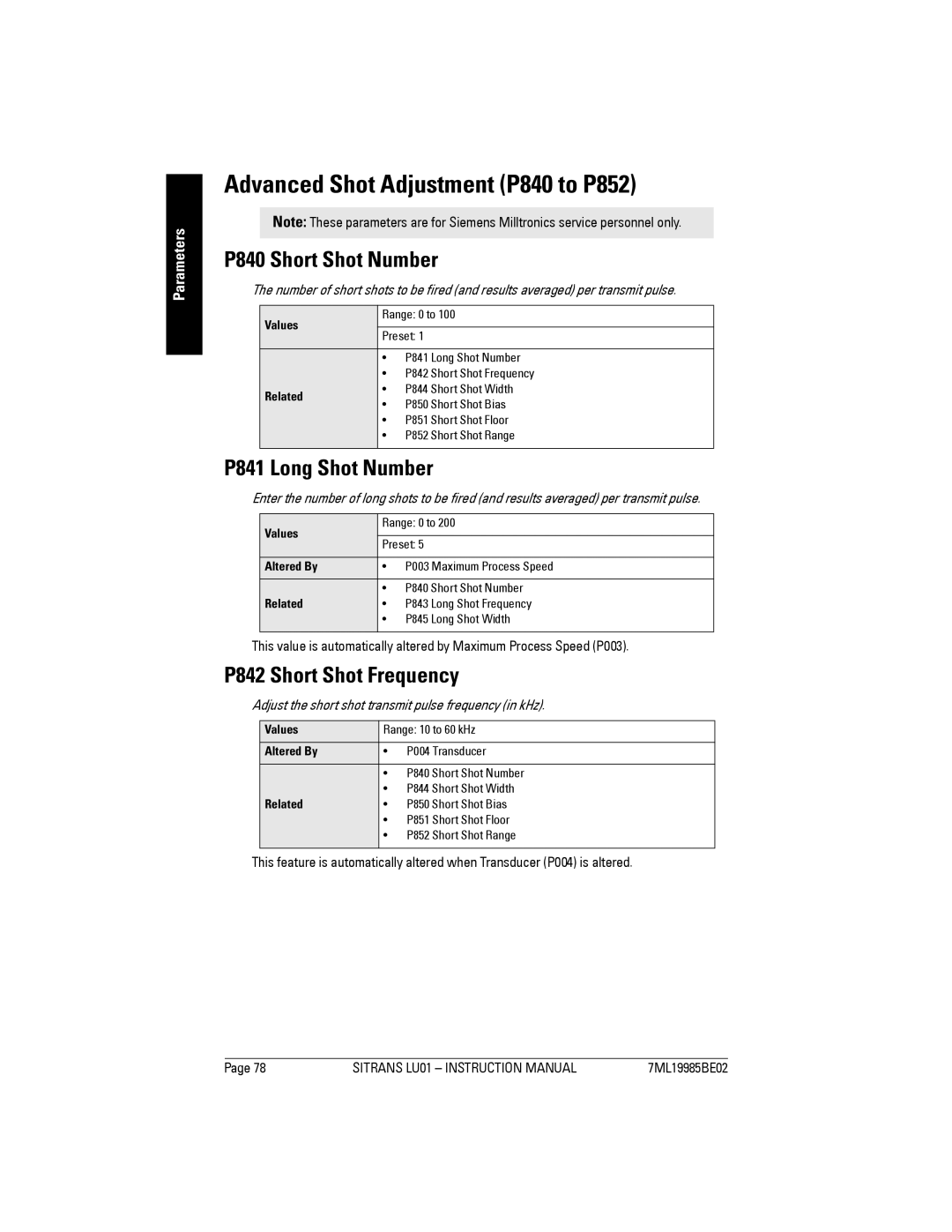 Siemens LU01 instruction manual Advanced Shot Adjustment P840 to P852, P840 Short Shot Number, P841 Long Shot Number 