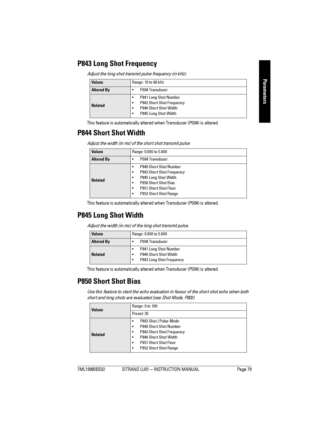 Siemens LU01 instruction manual P843 Long Shot Frequency, P844 Short Shot Width, P845 Long Shot Width, P850 Short Shot Bias 