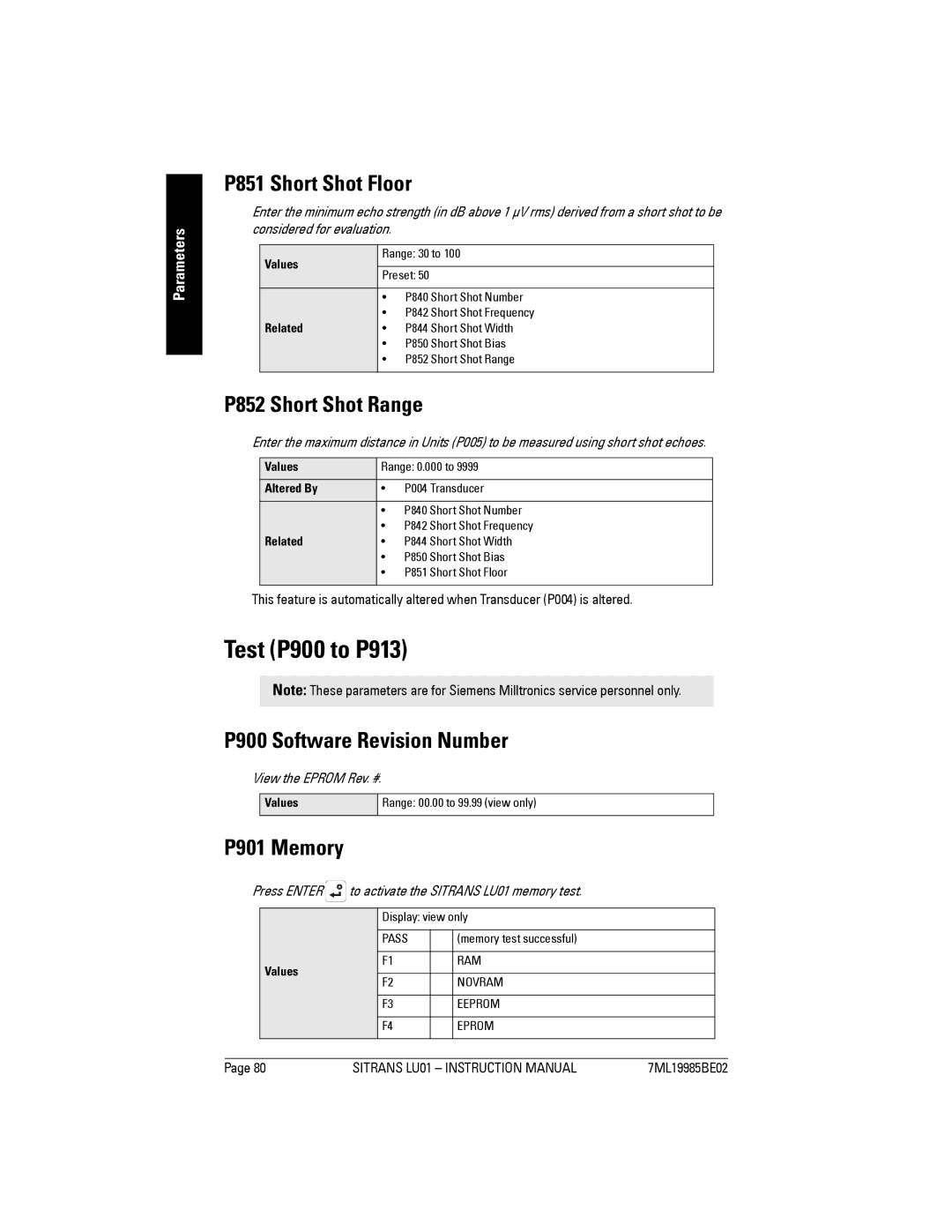 Siemens LU01 Test P900 to P913, P851 Short Shot Floor, P852 Short Shot Range, P900 Software Revision Number, P901 Memory 