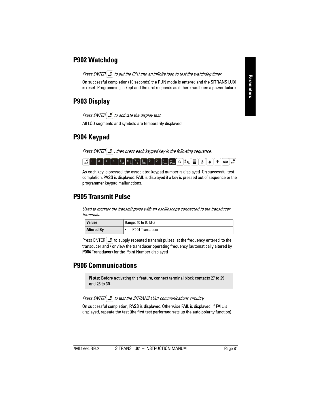 Siemens LU01 instruction manual P902 Watchdog, P903 Display, P904 Keypad, P905 Transmit Pulse, P906 Communications 