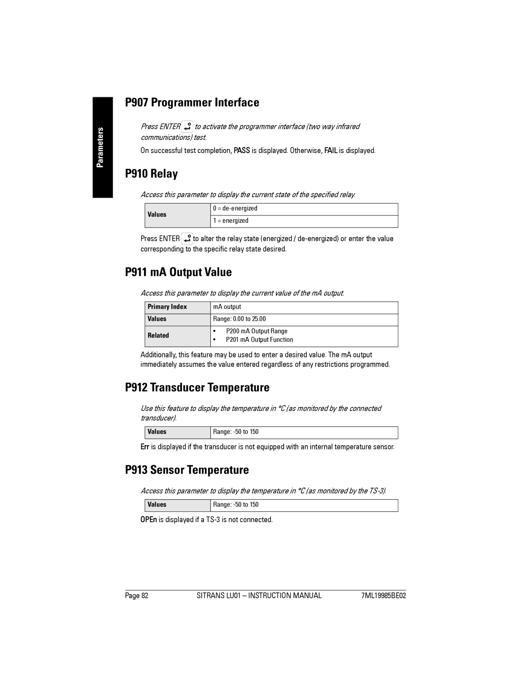 Siemens LU01 instruction manual P907 Programmer Interface, P910 Relay, P911 mA Output Value, P912 Transducer Temperature 