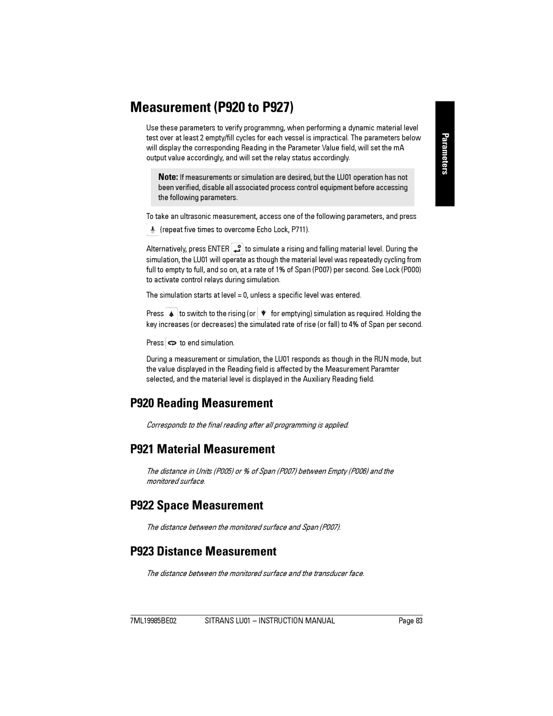 Siemens LU01 Measurement P920 to P927, P920 Reading Measurement, P921 Material Measurement, P922 Space Measurement 