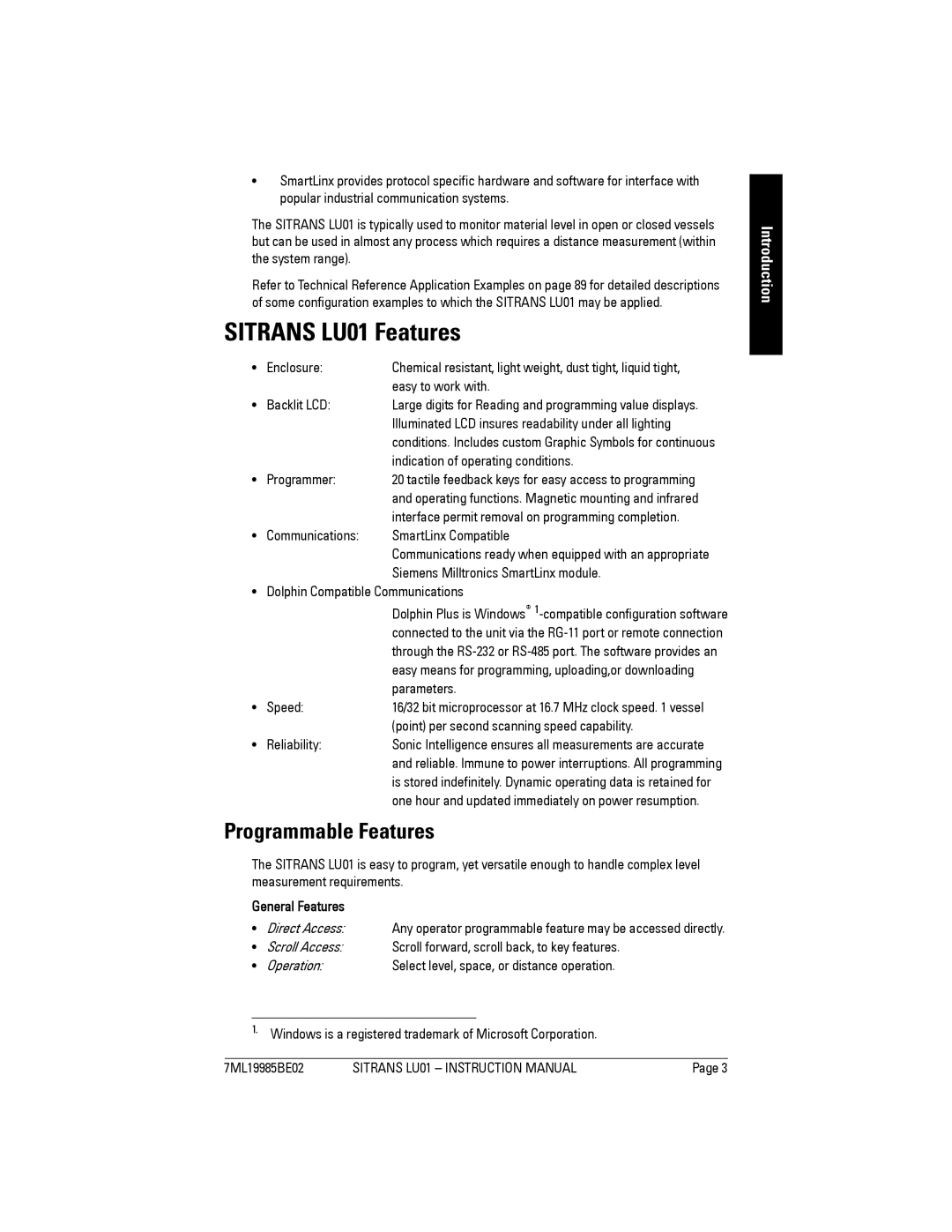 Siemens instruction manual Sitrans LU01 Features, Programmable Features 