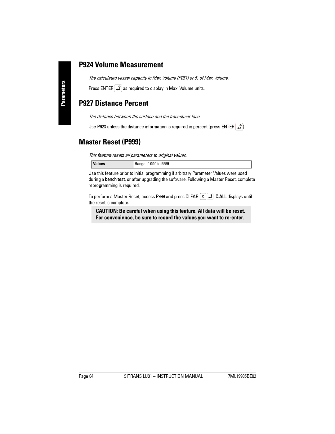 Siemens LU01 instruction manual P924 Volume Measurement, P927 Distance Percent, Master Reset P999 