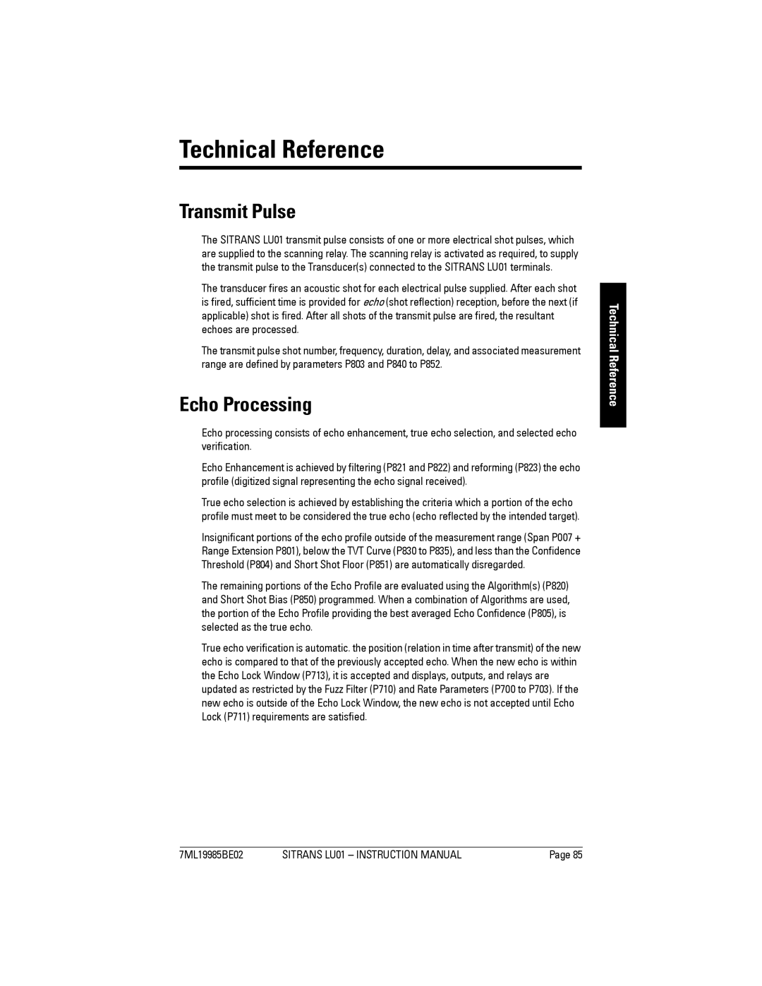 Siemens LU01 instruction manual Technical Reference, Transmit Pulse, Echo Processing 