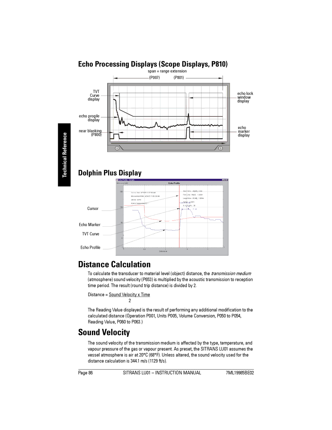 Siemens LU01 Distance Calculation, Sound Velocity, Echo Processing Displays Scope Displays, P810, Dolphin Plus Display 