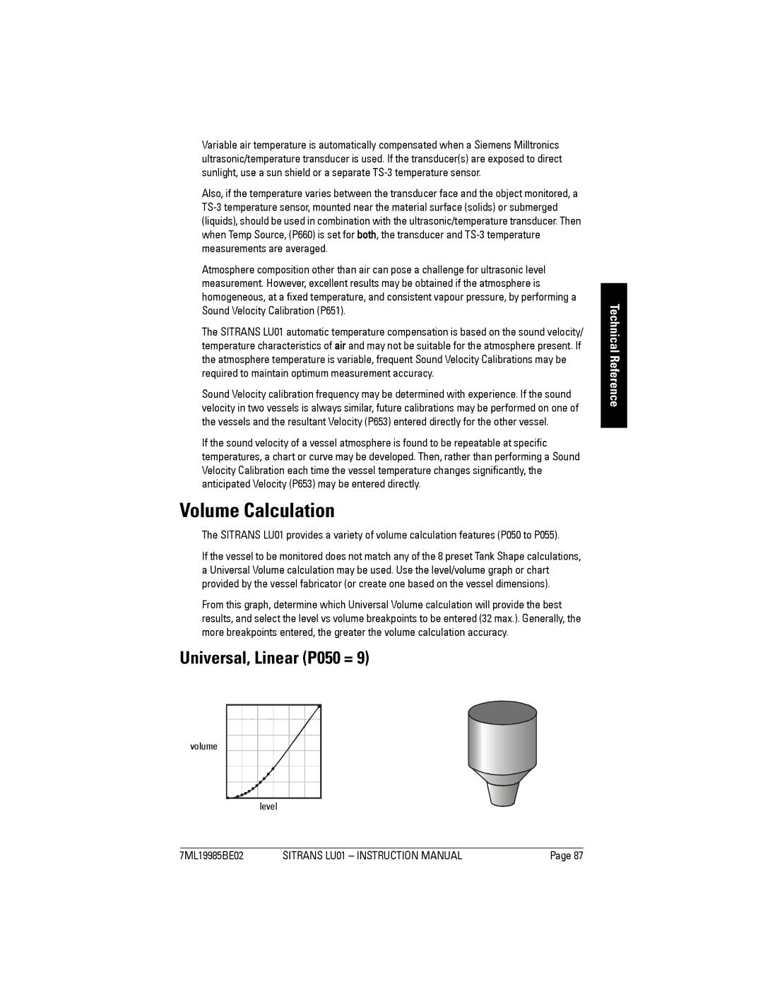 Siemens LU01 instruction manual Volume Calculation, Universal, Linear P050 =, Volume Level 