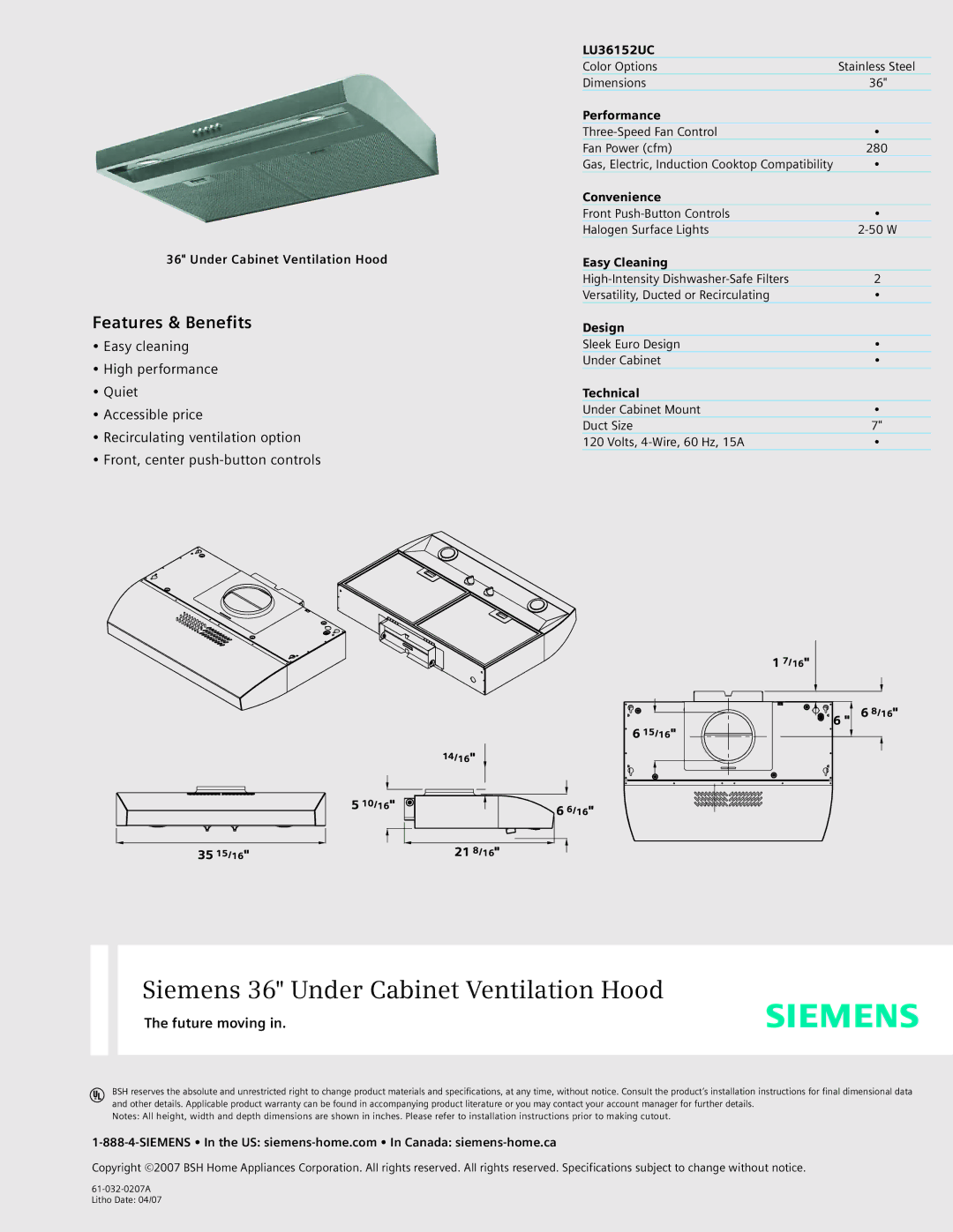 Siemens LU36152UC specifications Siemens 36 Under Cabinet Ventilation Hood, Features & Benefits, Future moving 