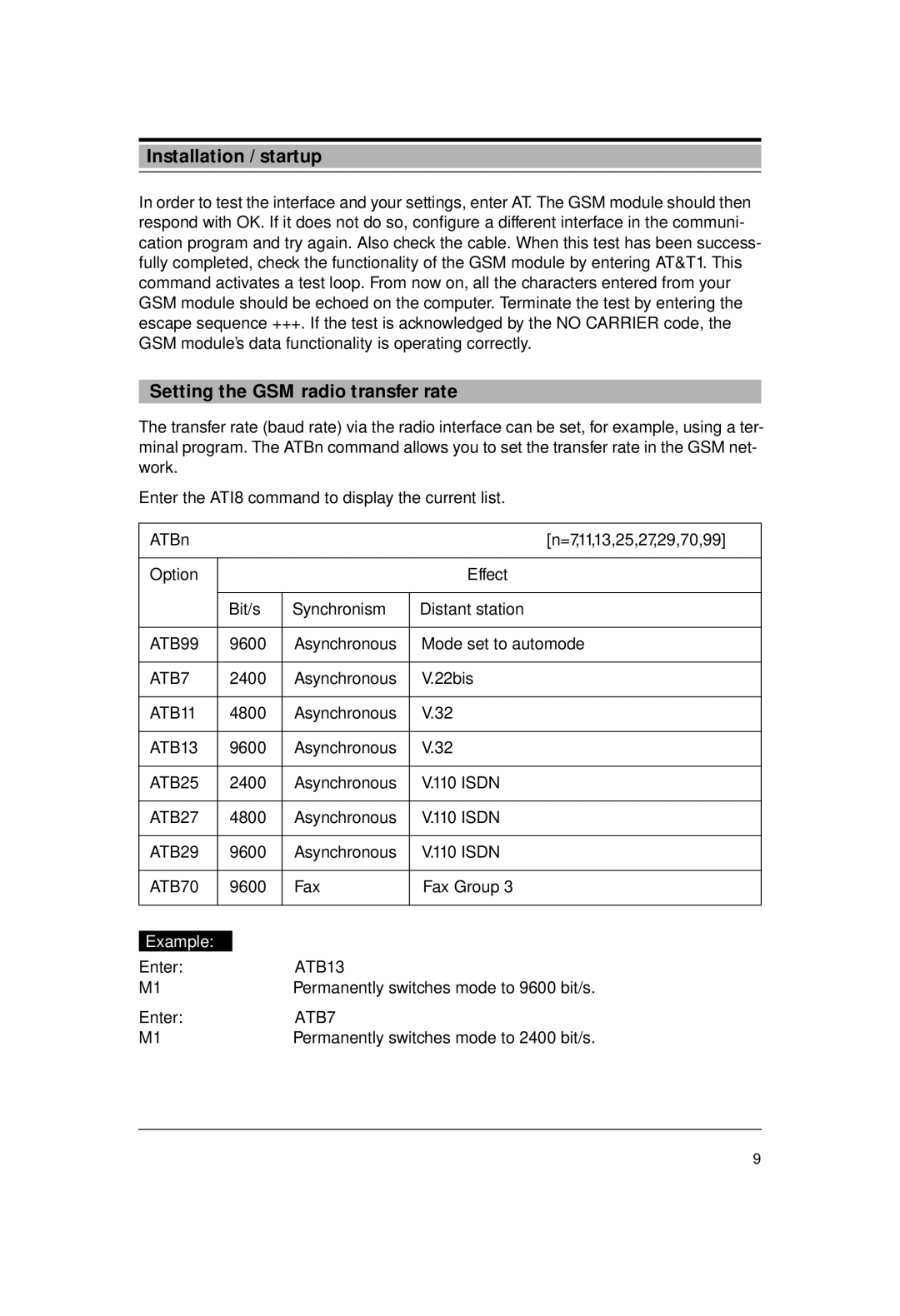 Siemens M1 manual Setting the GSM radio transfer rate, ATB13, ATB7 