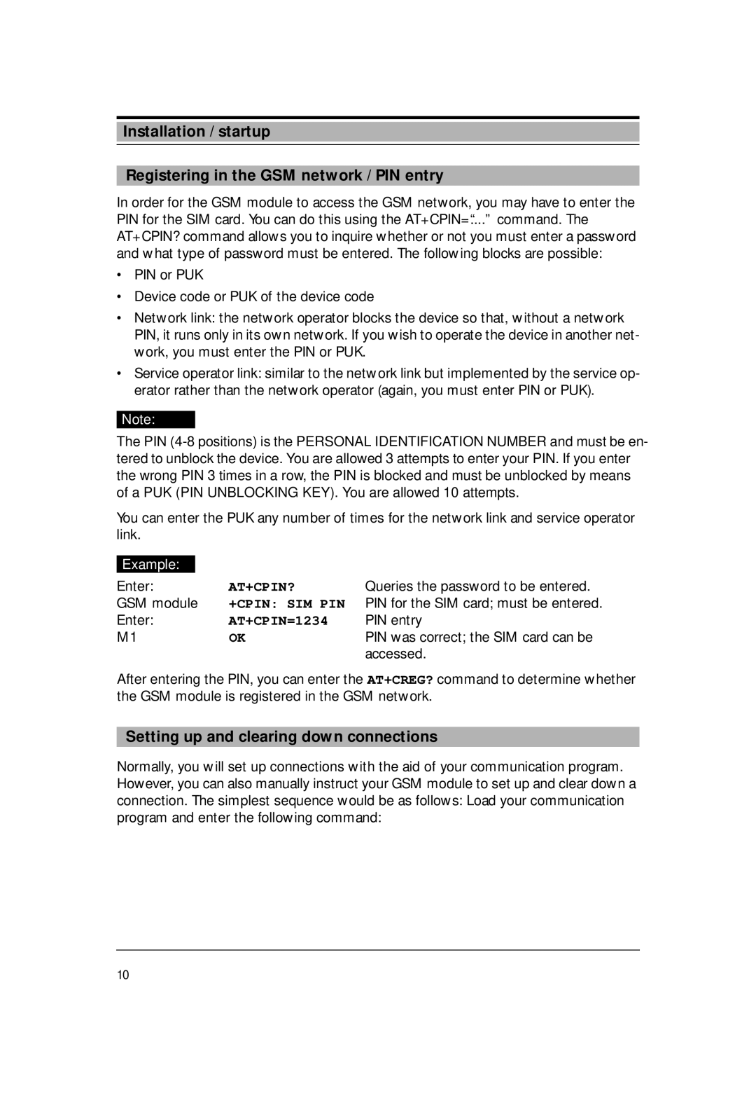 Siemens M1 manual Setting up and clearing down connections, At+Cpin?, +Cpin Sim Pin, AT+CPIN=1234 