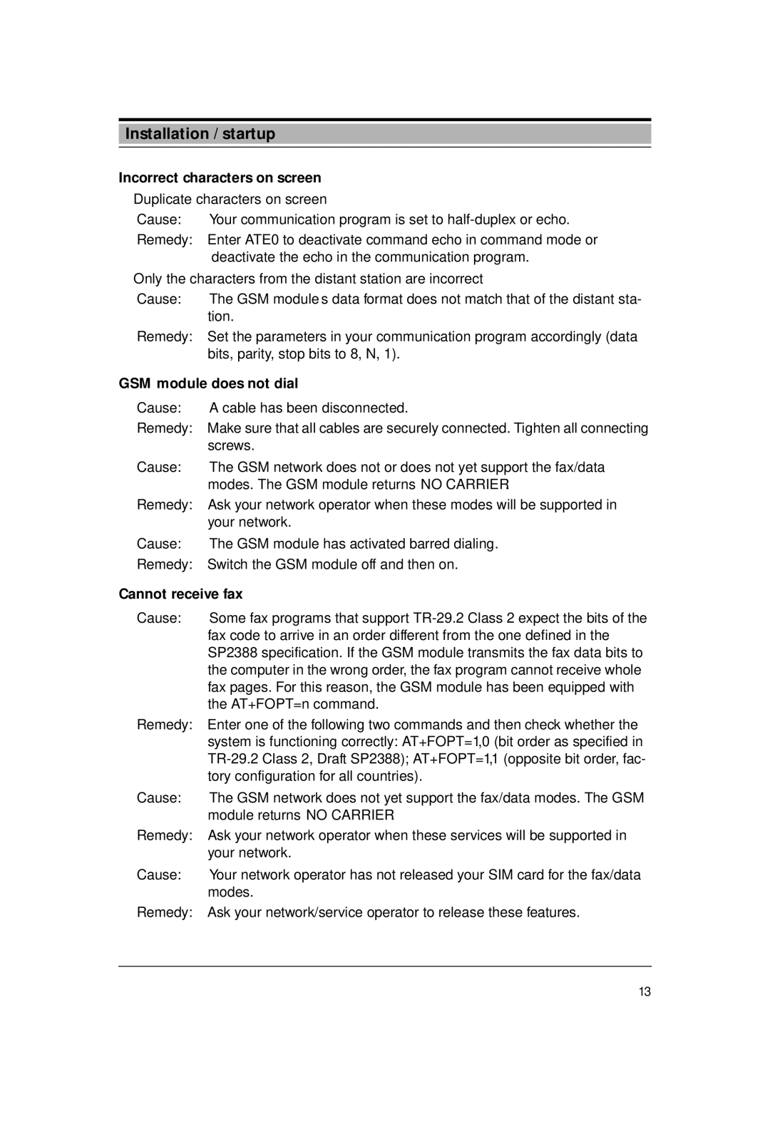 Siemens M1 manual Incorrect characters on screen, GSM module does not dial, Cannot receive fax 