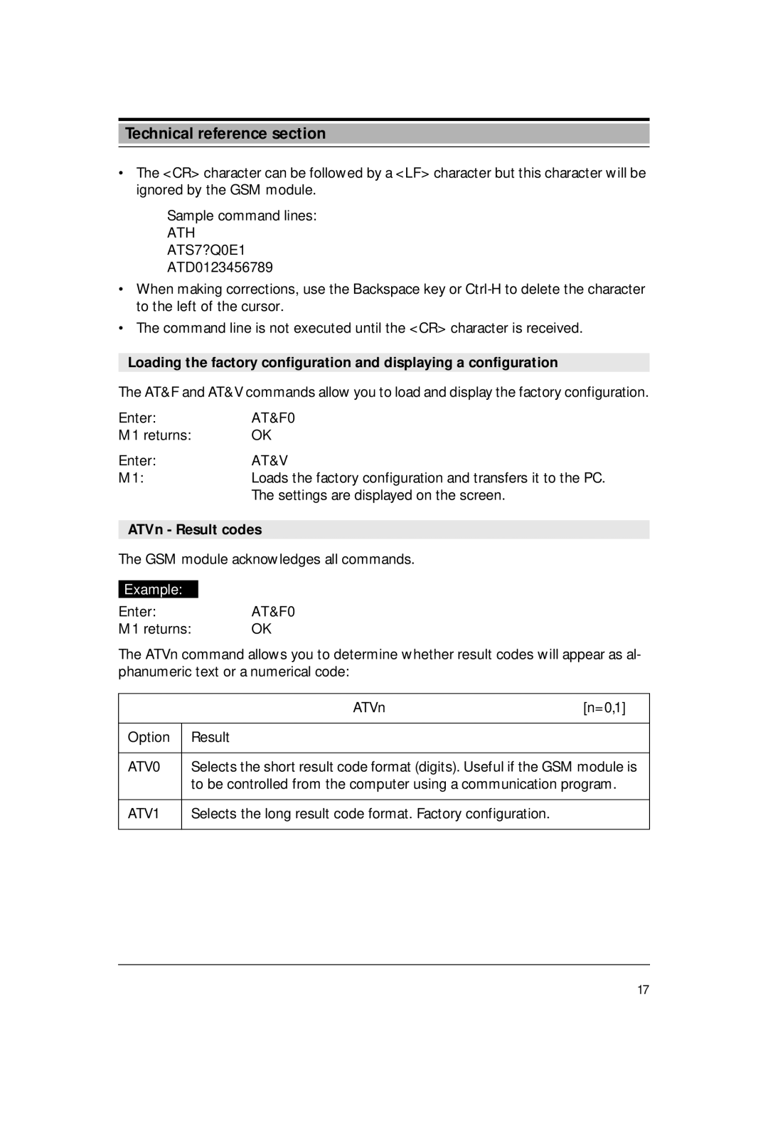 Siemens M1 manual Technical reference section, ATH ATS7?Q0E1, ATD0123456789, AT&F0, At&V 