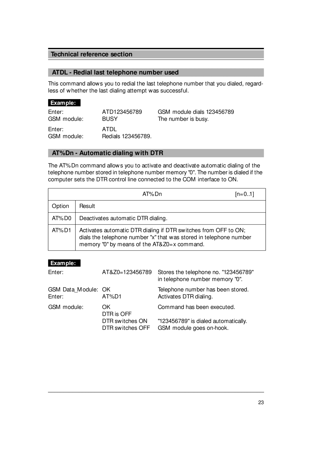 Siemens M1 manual AT%Dn Automatic dialing with DTR, ATD123456789, Atdl, AT&Z0=123456789, AT%D1 