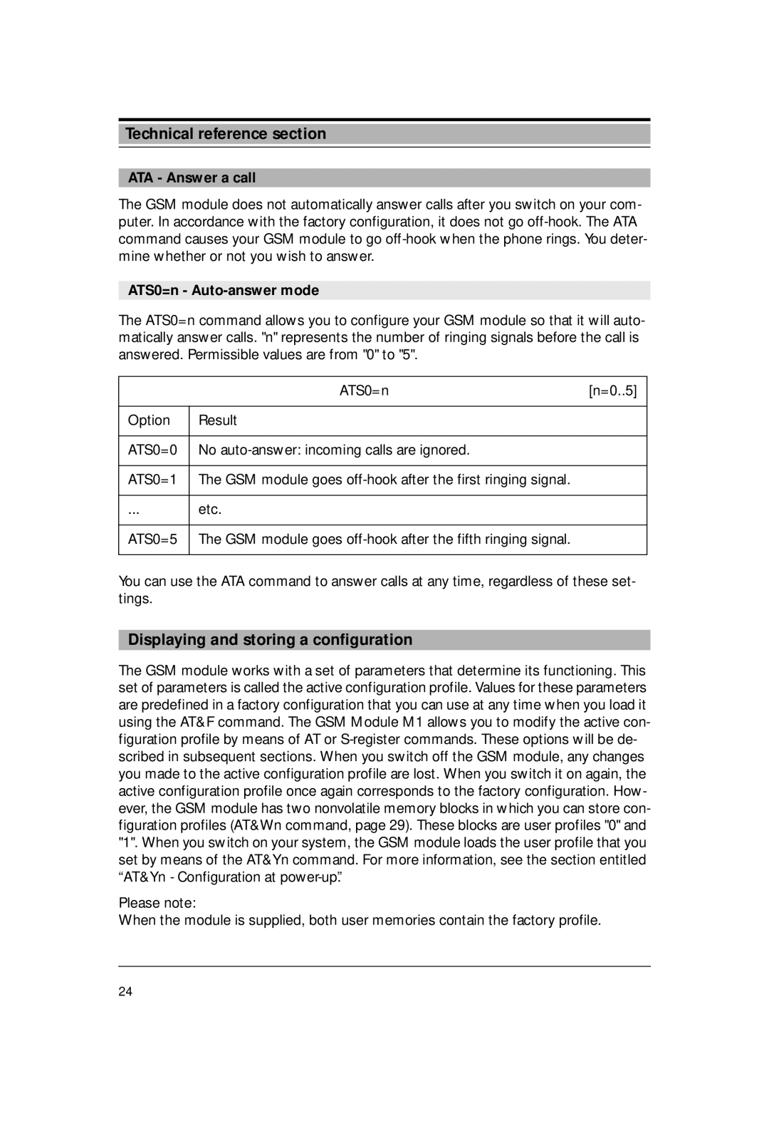 Siemens M1 manual Displaying and storing a configuration, ATA Answer a call, ATS0=n Auto-answer mode 