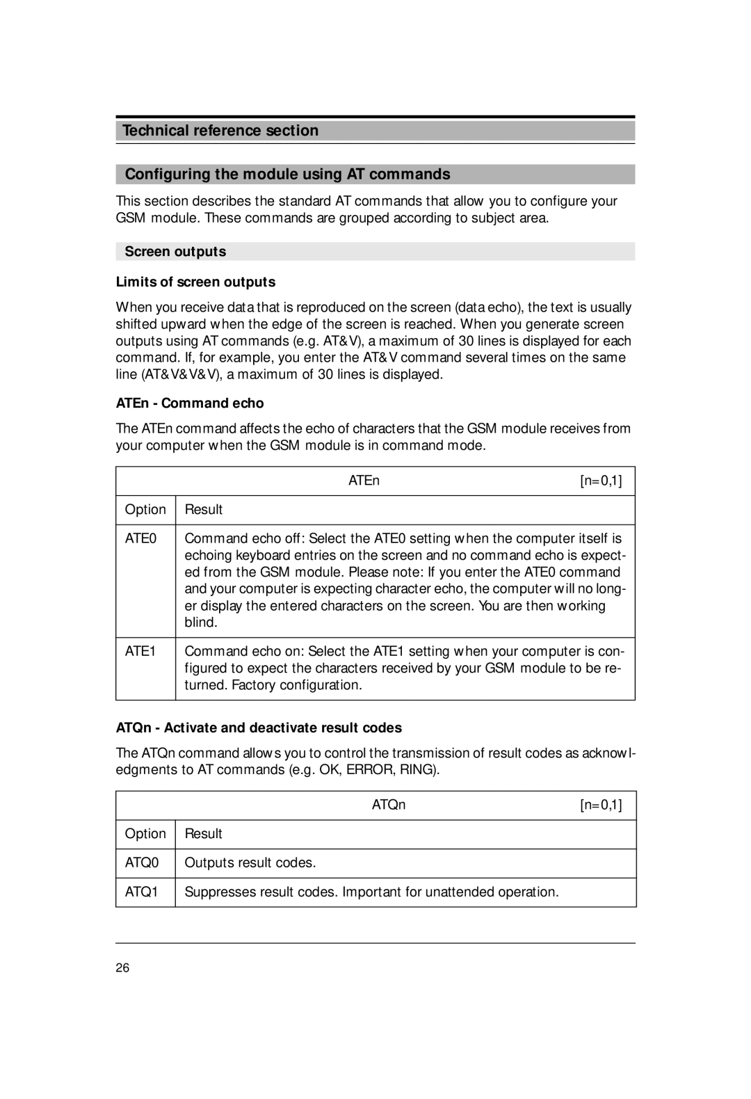 Siemens M1 manual Screen outputs Limits of screen outputs, ATEn Command echo, ATQn Activate and deactivate result codes 