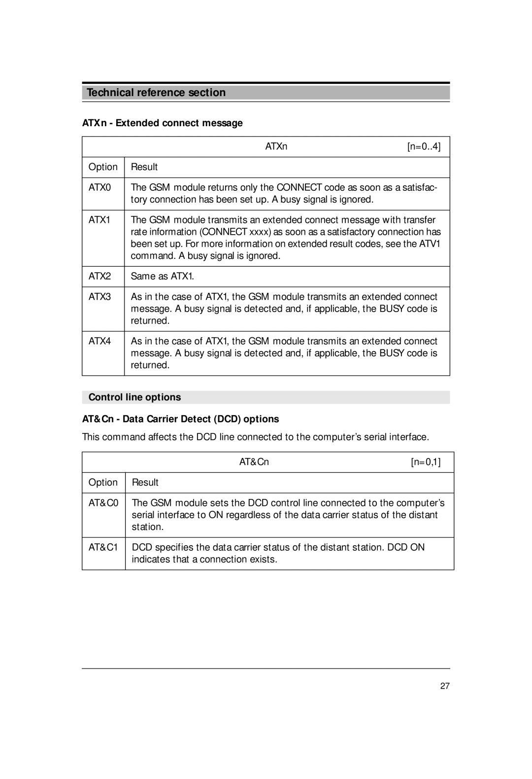 Siemens M1 manual ATXn Extended connect message, Control line options AT&Cn Data Carrier Detect DCD options 