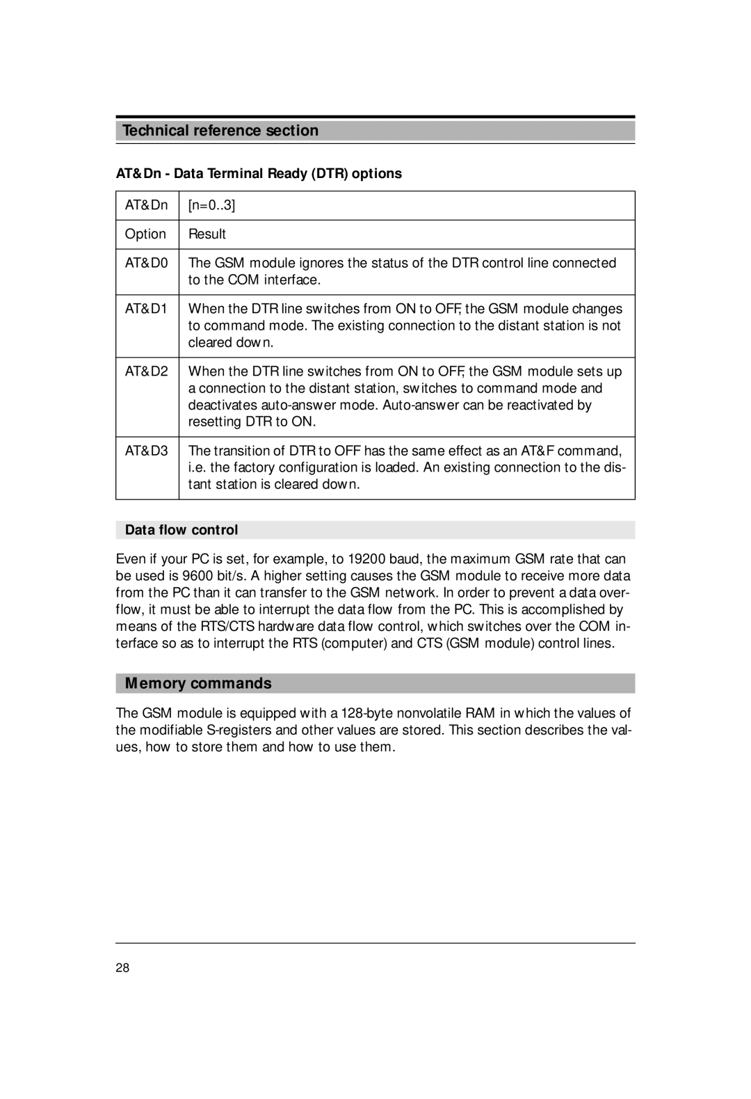 Siemens M1 manual Memory commands, AT&Dn Data Terminal Ready DTR options, Data flow control 