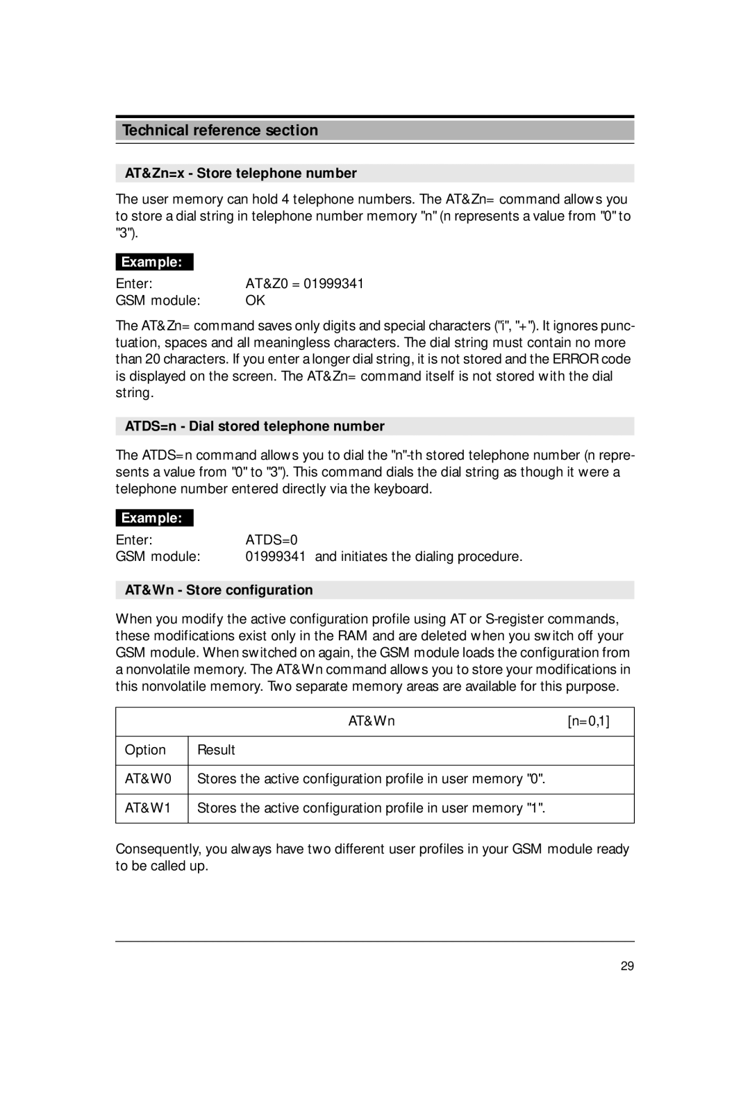 Siemens M1 manual AT&Zn=x Store telephone number, AT&Z0 =, ATDS=n Dial stored telephone number, AT&Wn Store configuration 