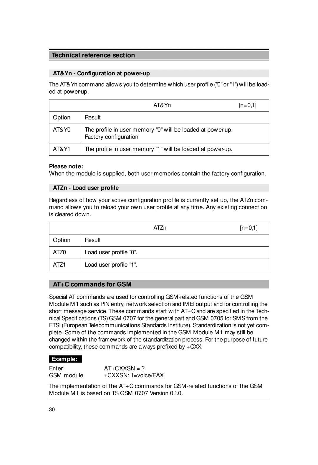 Siemens M1 manual AT+C commands for GSM, AT&Yn Configuration at power-up, ATZn Load user profile, At+Cxxsn = ? 