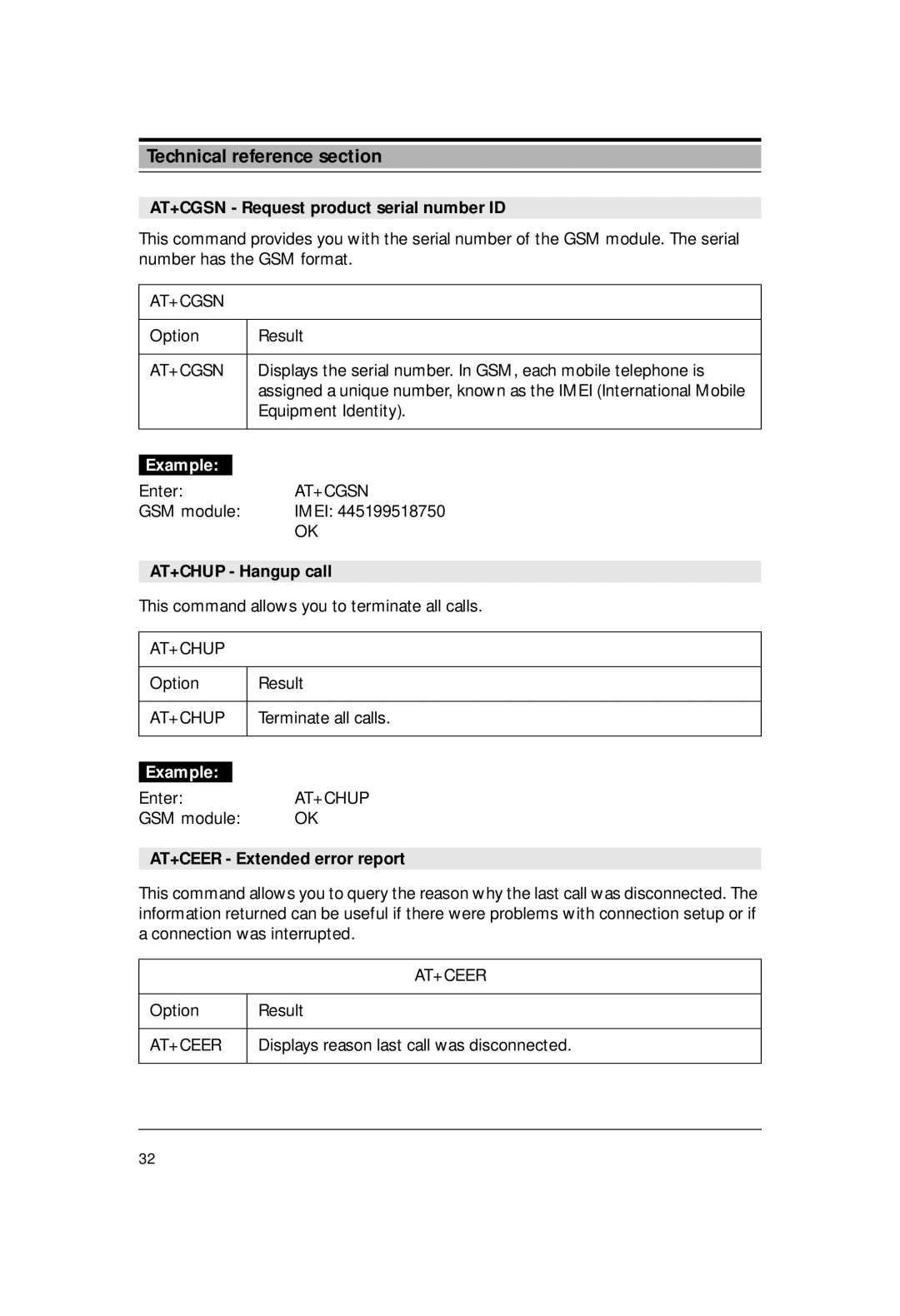 Siemens M1 manual AT+CGSN Request product serial number ID, AT+CHUP Hangup call, AT+CEER Extended error report 