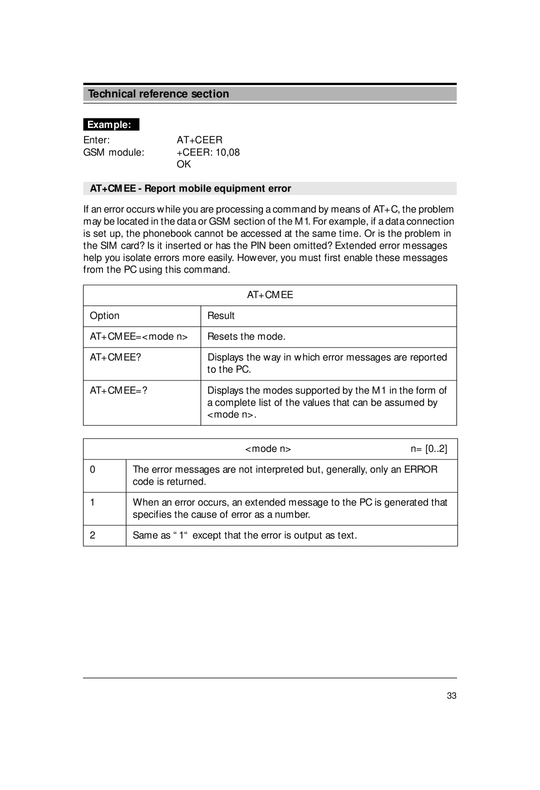 Siemens M1 manual Enter, At+Ceer, GSM module, +CEER 10,08, AT+CMEE Report mobile equipment error 