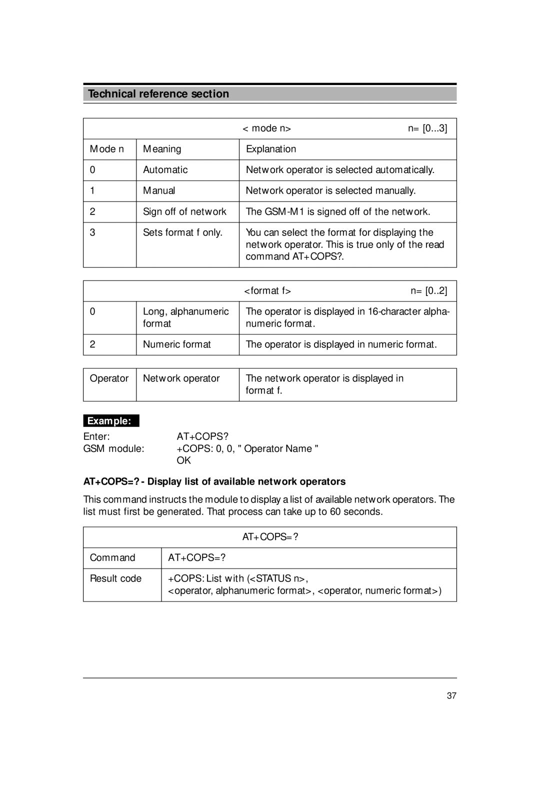 Siemens M1 manual At+Cops?, +COPS 0, 0, Operator Name, AT+COPS=? Display list of available network operators, At+Cops=? 