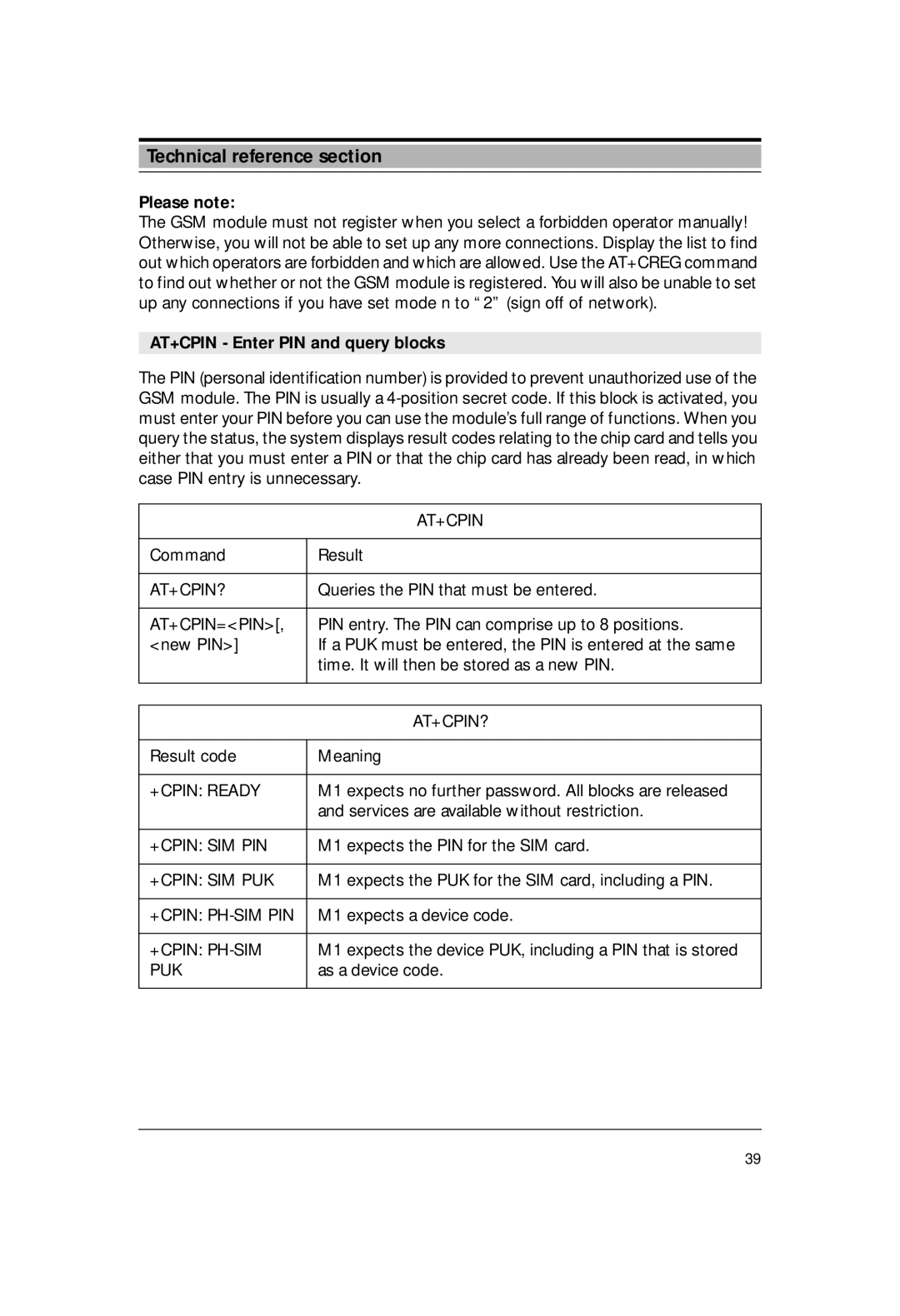 Siemens M1 manual AT+CPIN Enter PIN and query blocks 