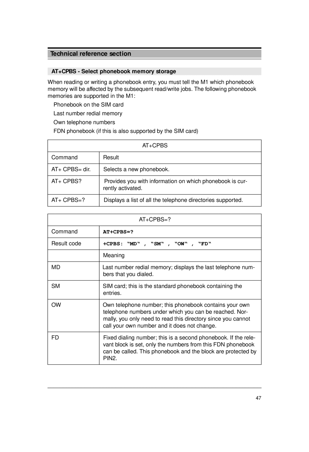 Siemens M1 manual AT+CPBS Select phonebook memory storage, At+Cpbs=?, +Cpbs Md , Sm , Ow , Fd 