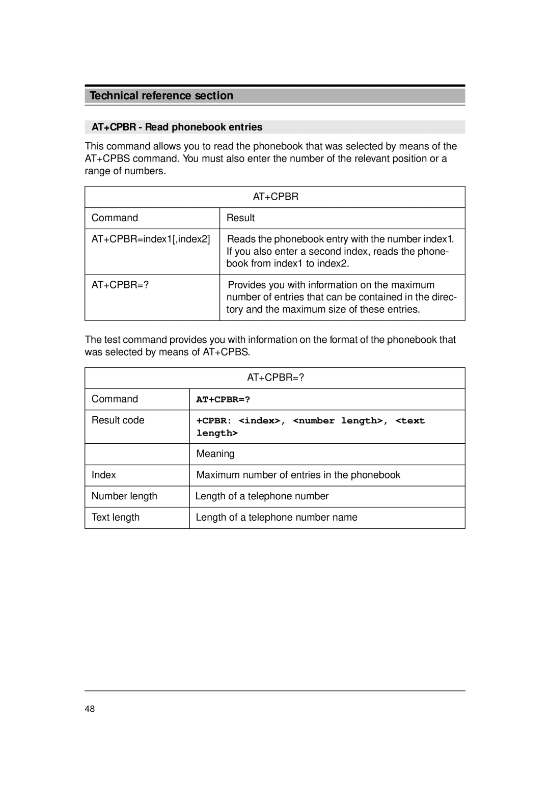 Siemens M1 manual AT+CPBR Read phonebook entries, At+Cpbr=?, +CPBR index, number length, text, Length 