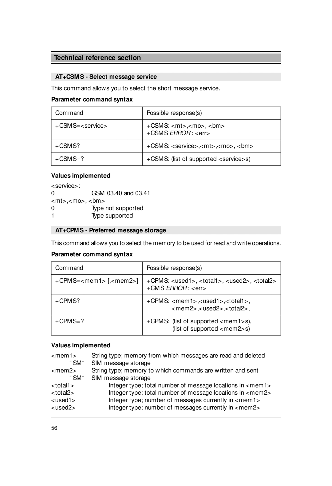 Siemens M1 AT+CSMS Select message service, Parameter command syntax, Values implemented, AT+CPMS Preferred message storage 