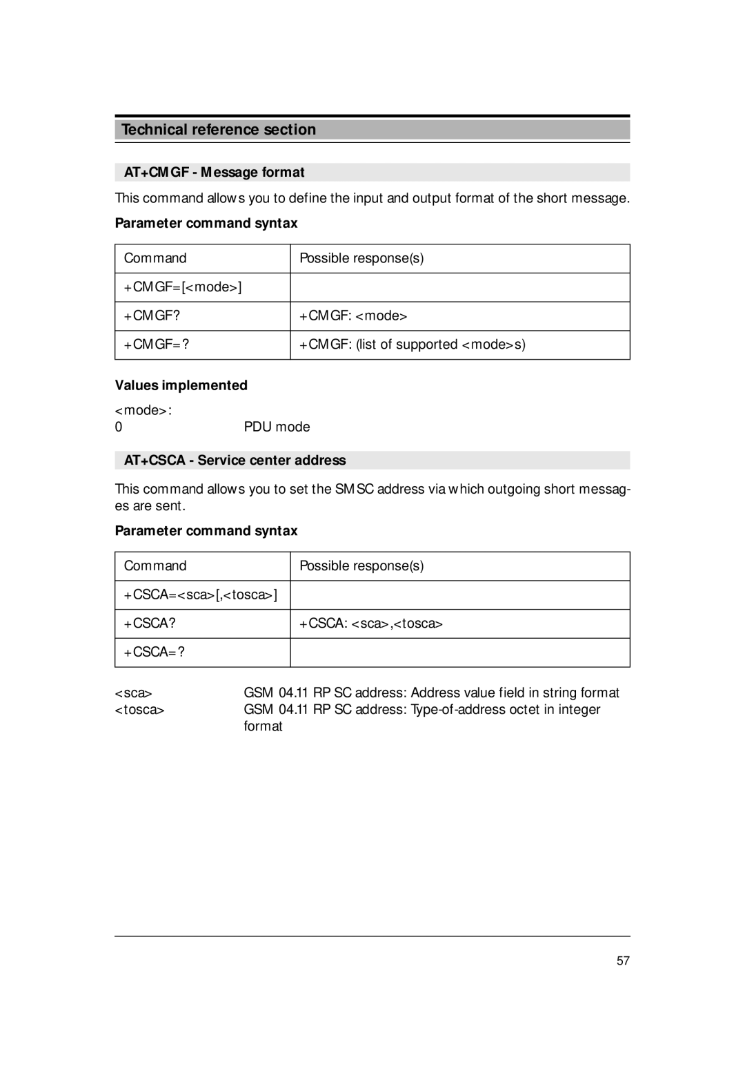 Siemens M1 manual AT+CMGF Message format, AT+CSCA Service center address 