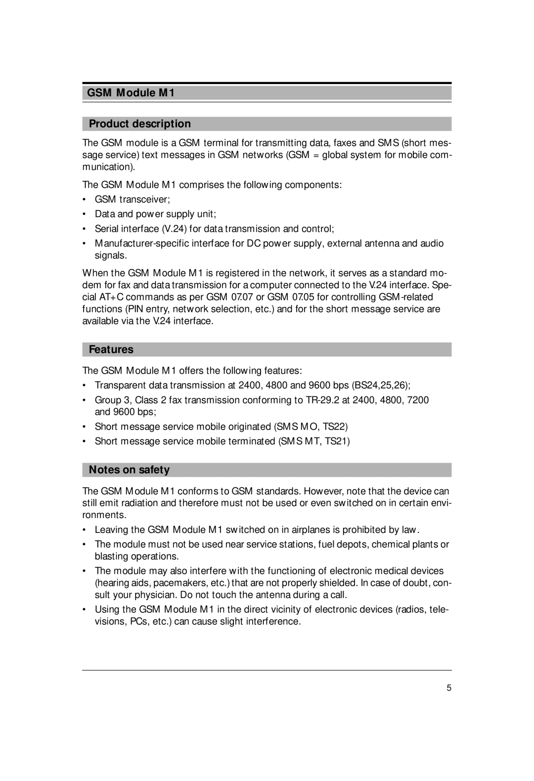 Siemens manual GSM Module M1 Product description, Features 