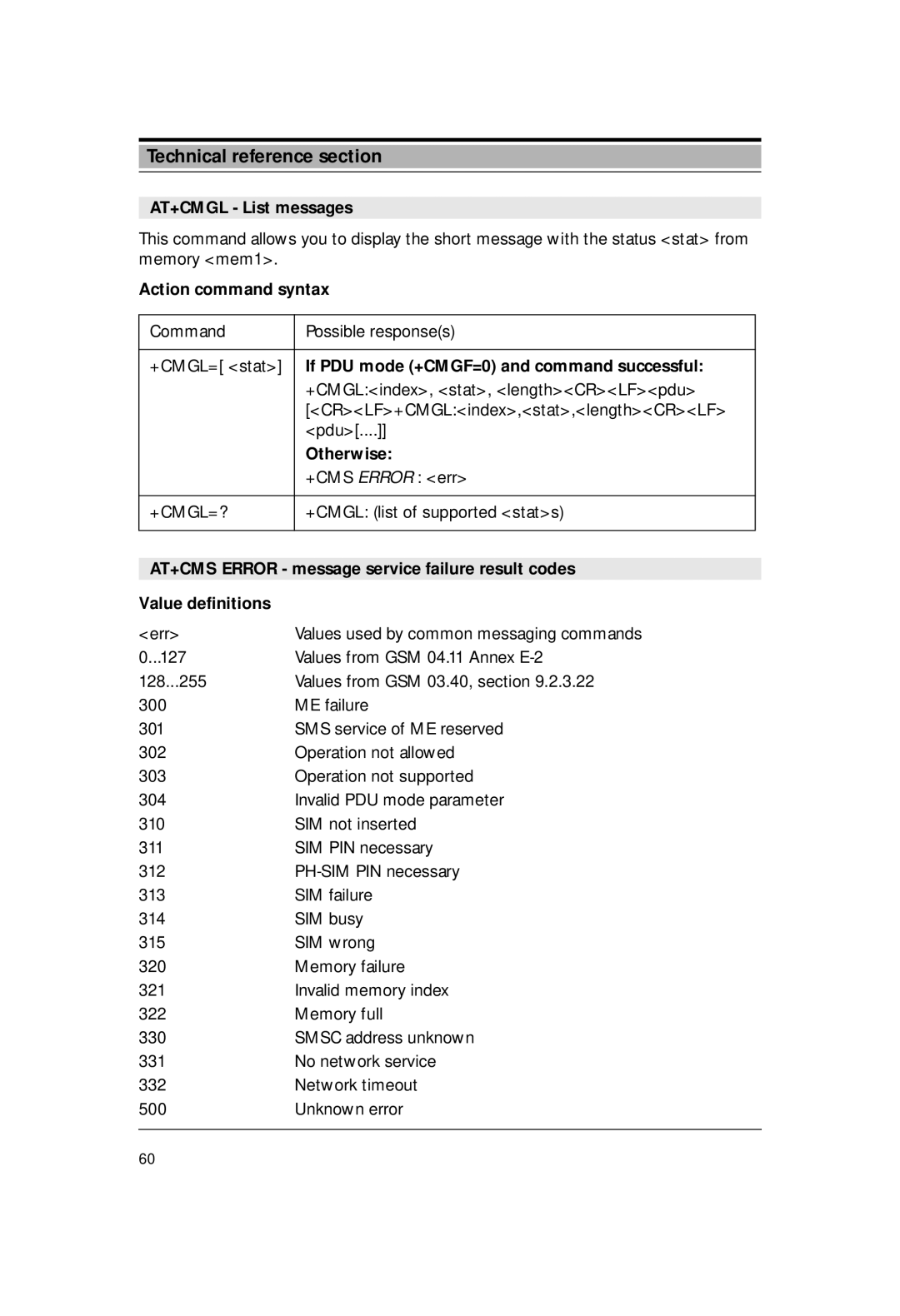 Siemens M1 manual AT+CMGL List messages, +Cmgl=?, AT+CMS Error message service failure result codes, Value definitions 