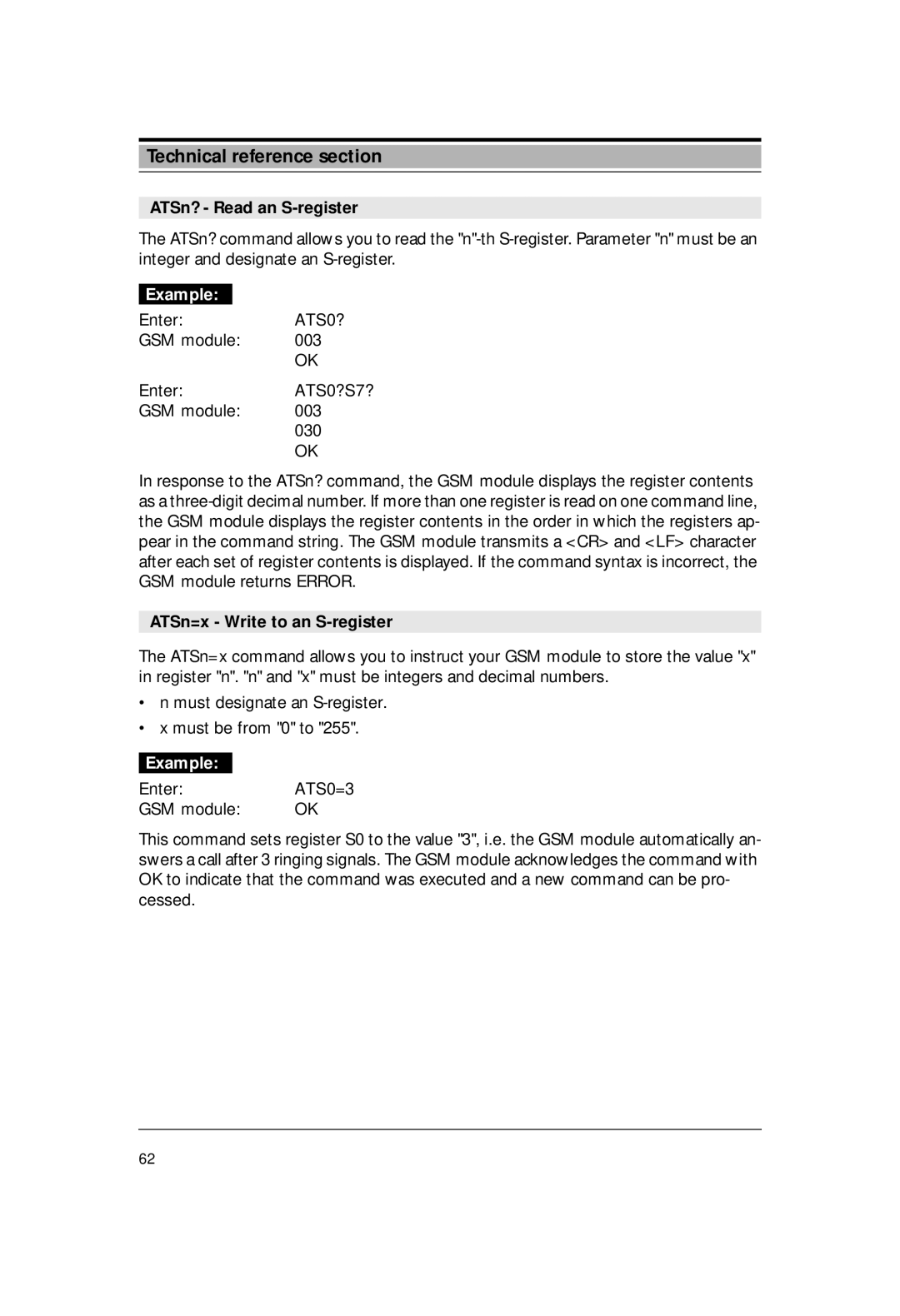 Siemens M1 manual ATSn? Read an S-register, EnterATS0?S7?, ATSn=x Write to an S-register, ATS0=3 