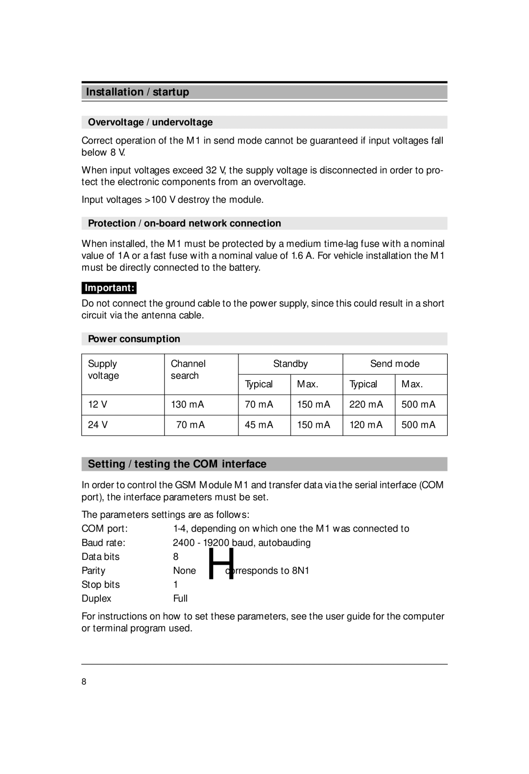 Siemens M1 Installation / startup, Setting / testing the COM interface, Overvoltage / undervoltage, Power consumption 