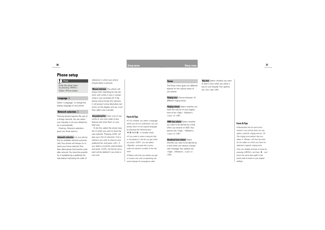 Siemens M30 manual Phone setup, Language, Network selection, Tones 