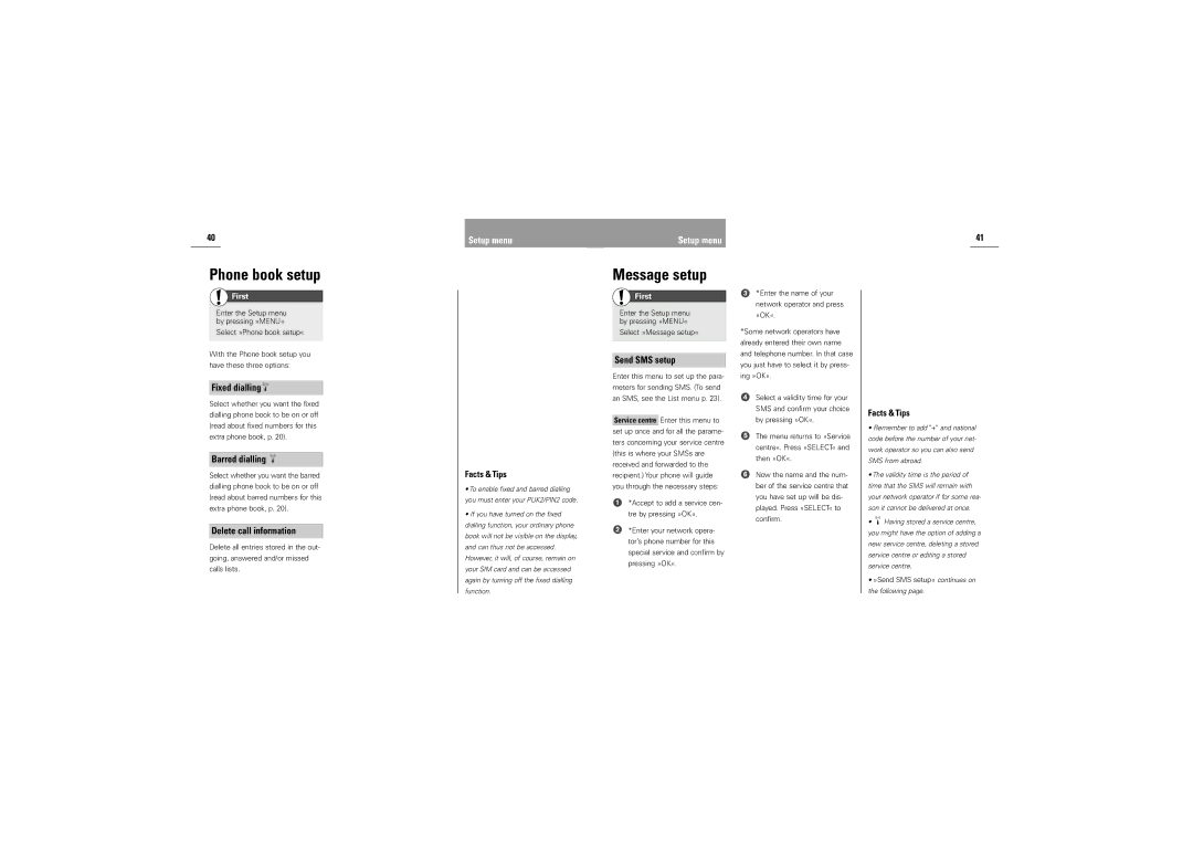 Siemens M30 manual Phone book setup, Message setup 