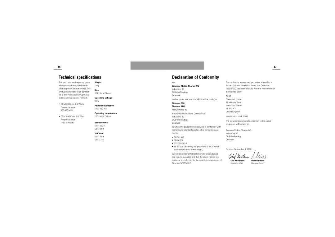 Siemens M30 manual Technical specifications, Declaration of Conformity 