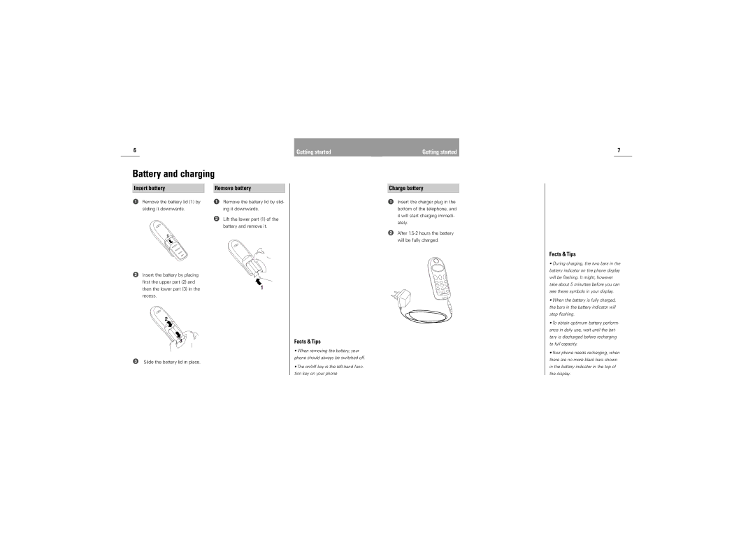 Siemens M30 manual Battery and charging, Insert battery, Getting started, Charge battery 