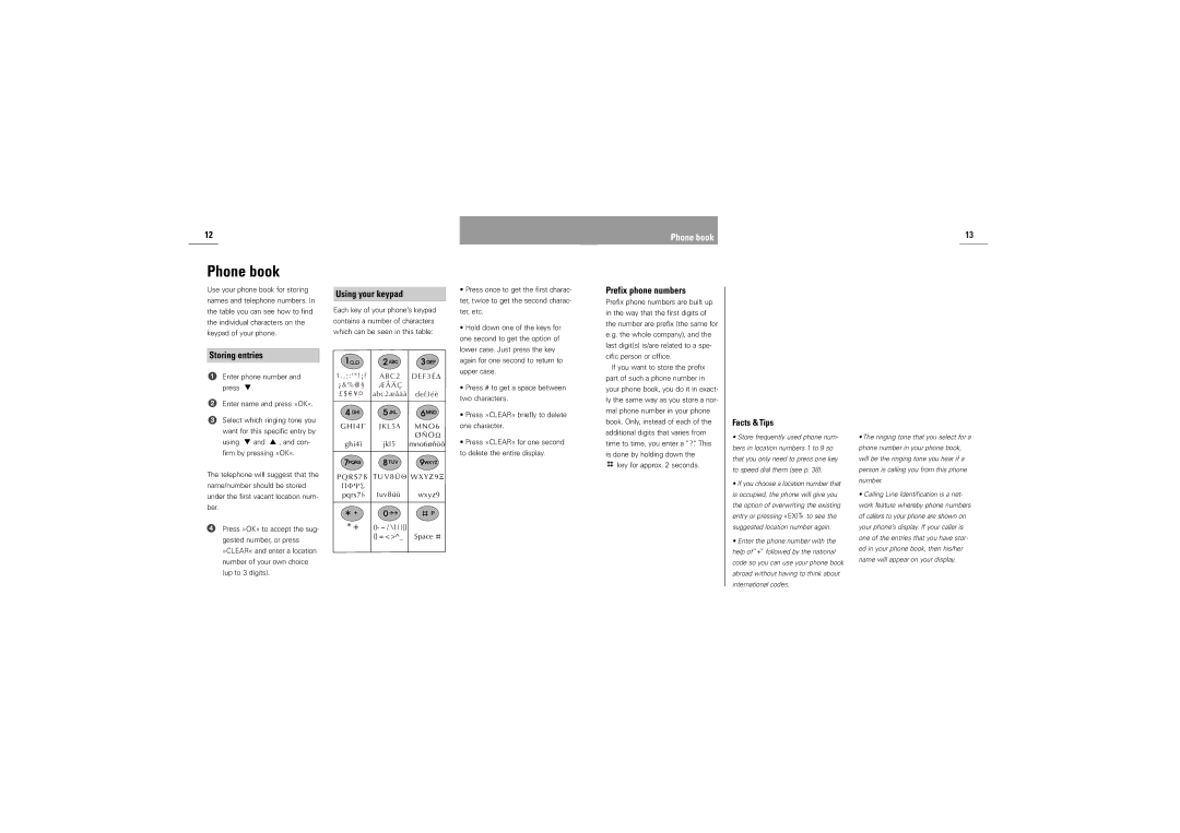 Siemens M30 manual Phone book, Using your keypad, Prefix phone numbers, Storing entries 