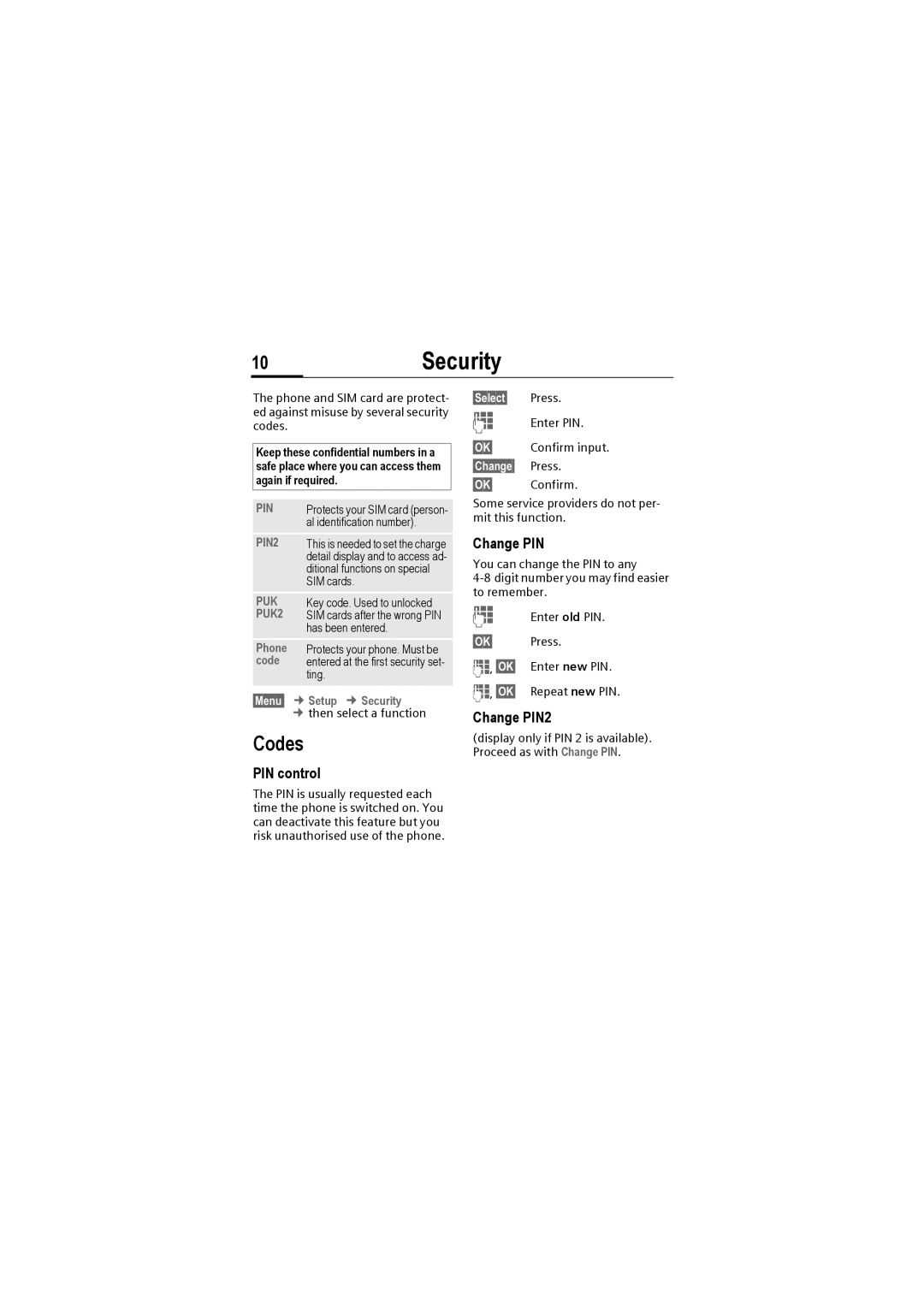 Siemens M50 manual 10Security, Codes, PIN control, Change PIN2 