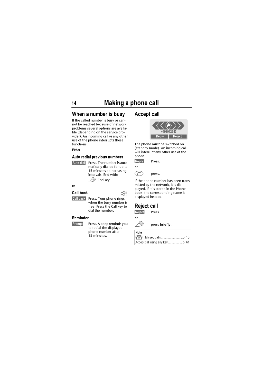 Siemens M50 manual When a number is busy, Accept call, Reject call 