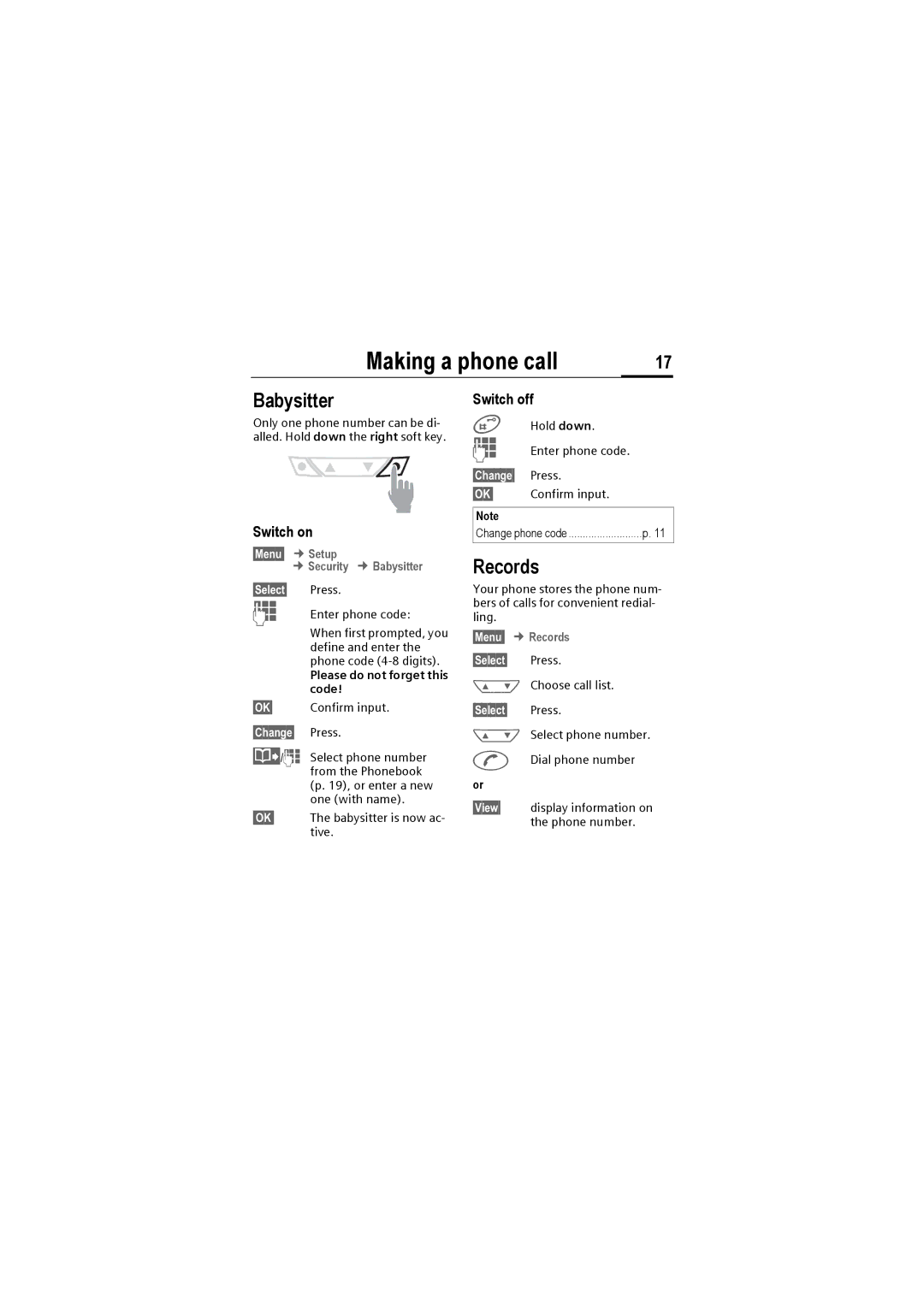 Siemens M50 manual Babysitter, Records, Switch on, Switch off 