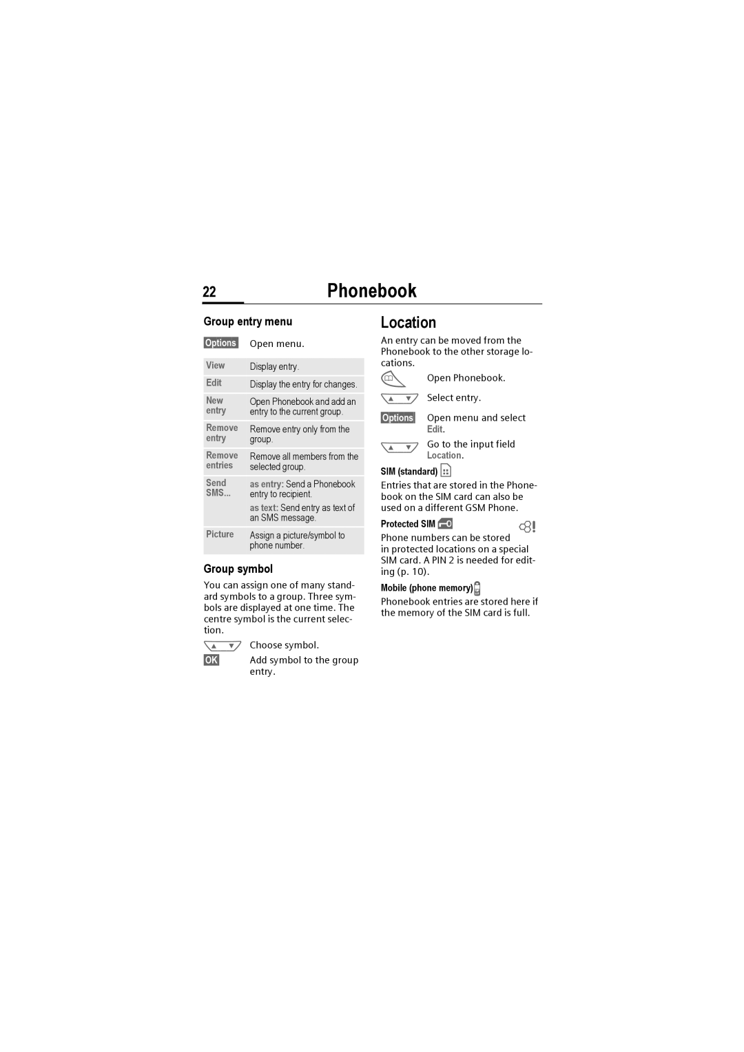 Siemens M50 manual 22Phonebook, Location, Group entry menu, Group symbol 