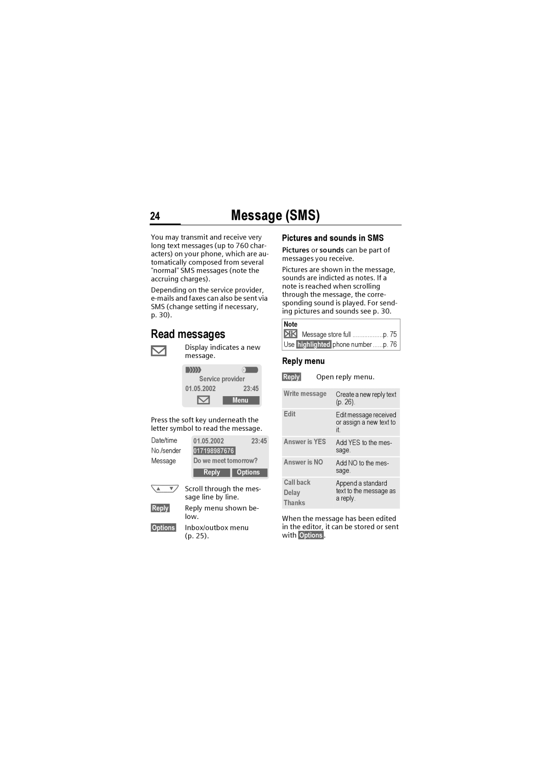 Siemens M50 manual Message SMS, Read messages, Pictures and sounds in SMS, Reply menu, Reply Options 